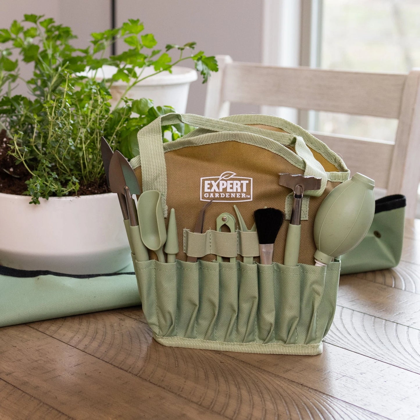 Indoor Stainless Steel Gardening Tool Set, 14 Pieces, Misty Mint