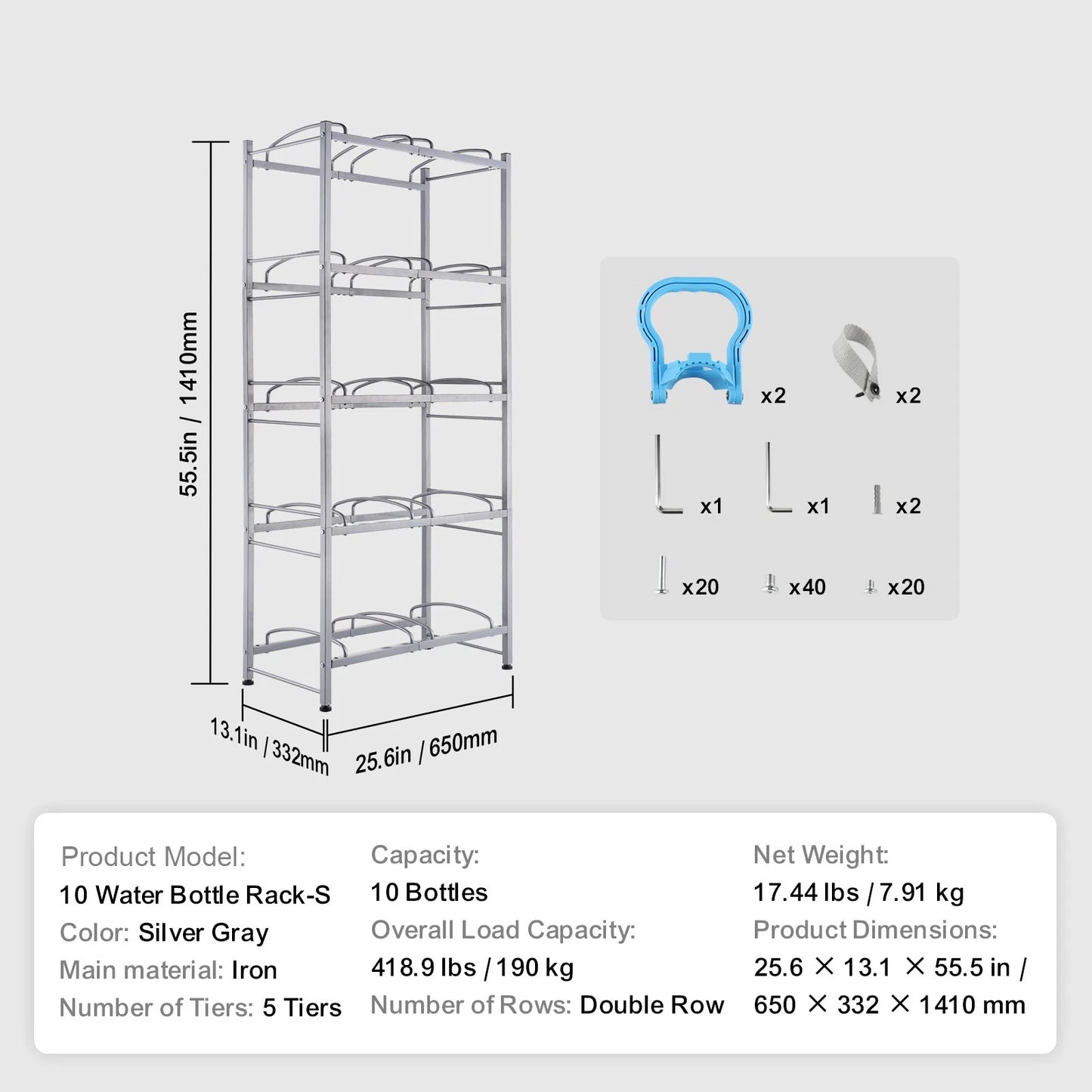 5-Tier Water Jug Holder Double Row Water Jug Rack 10 Bottles Silver Gray