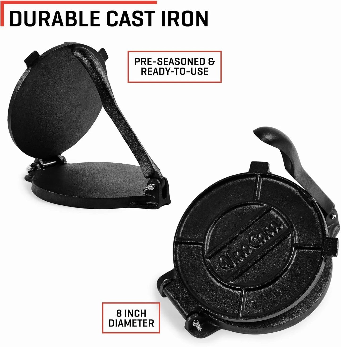 Cast Iron Tortilla Press 8 Inch - Tortilla Maker Press, Pre-Seasoned Roti Maker