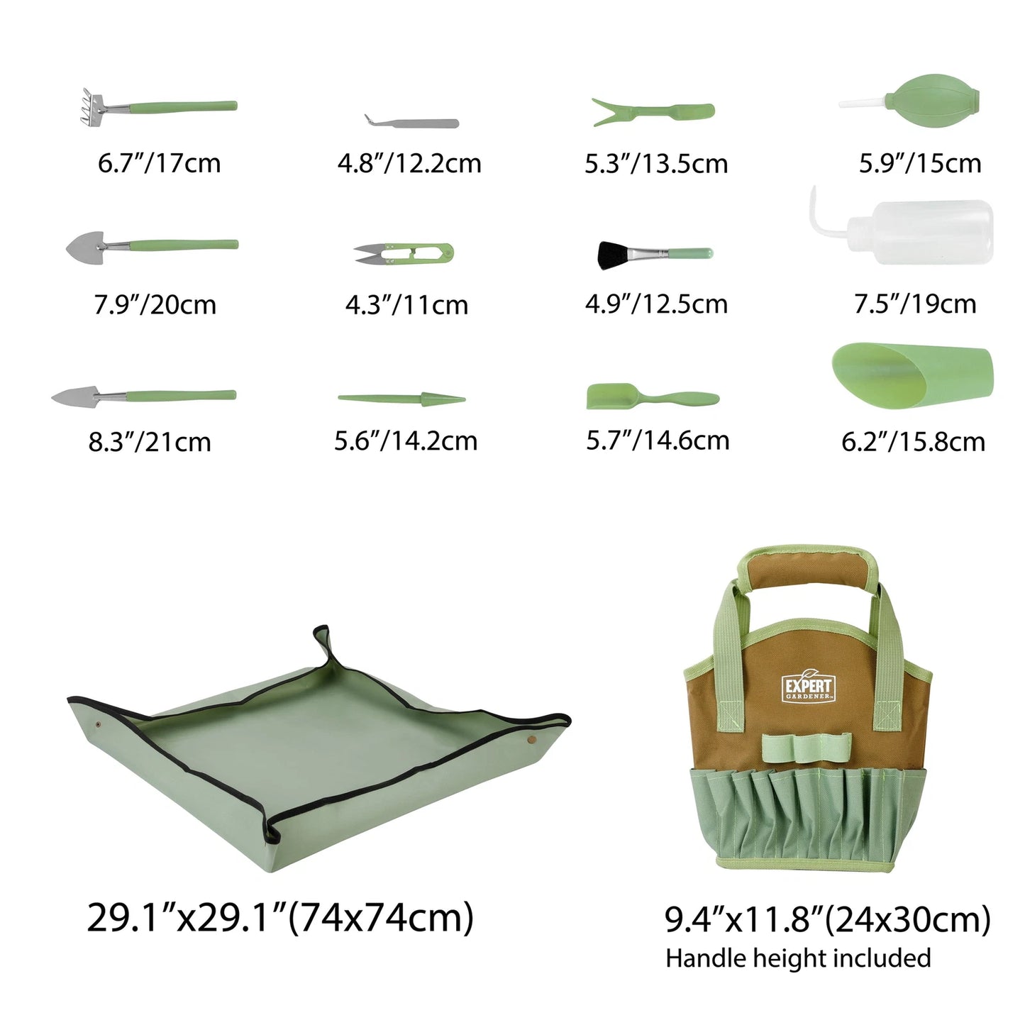 Indoor Stainless Steel Gardening Tool Set, 14 Pieces, Misty Mint