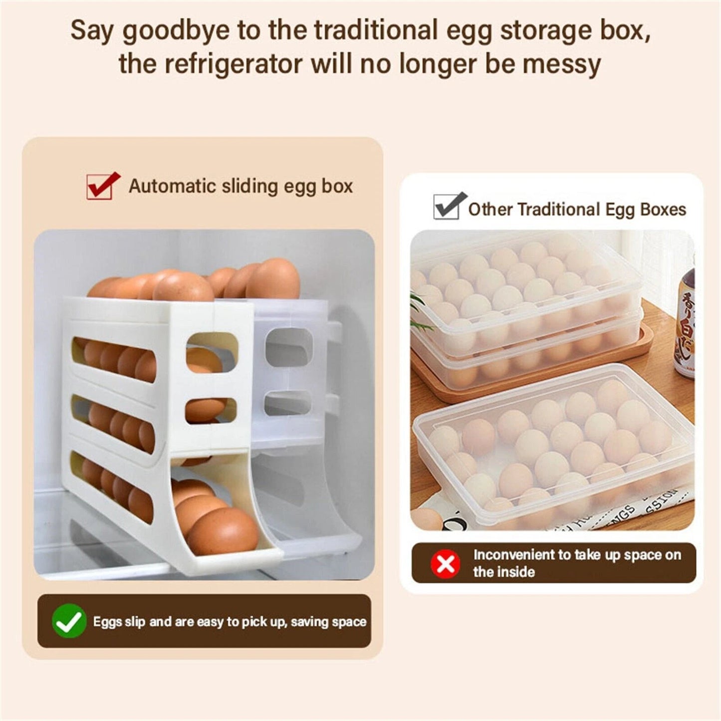 4-Tier Roll down Refrigerator Egg Dispenser Storage Rack Auto Rolling Egg Holder