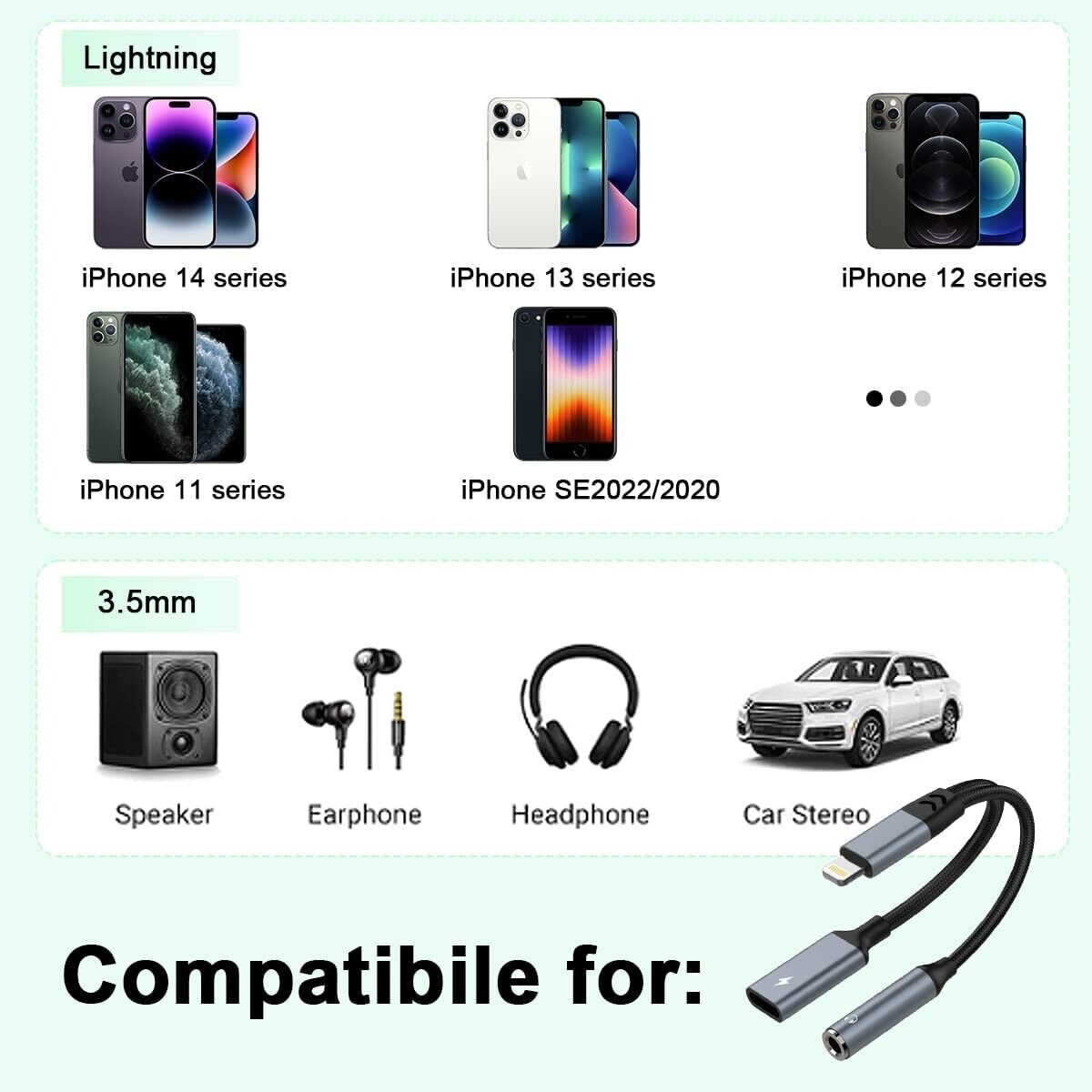 iPhone Headphone & Charger Adapter 2-in-1 to 3.5mm AUX Audio MFi-Certified