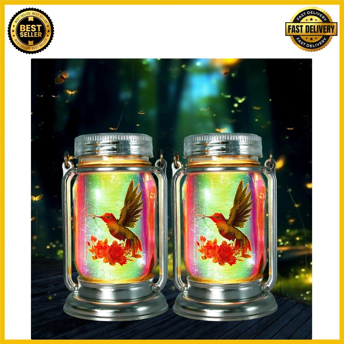 2 Pack Solar Hummingbird Lanterns - Adorable Garden Decor in Glass Jars