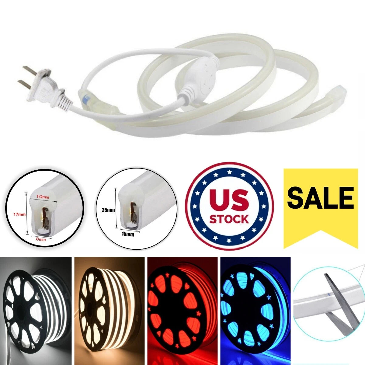 100ft 110V Neon LED Light Strip Waterproof Flexible Home Garden Floor Decor USA