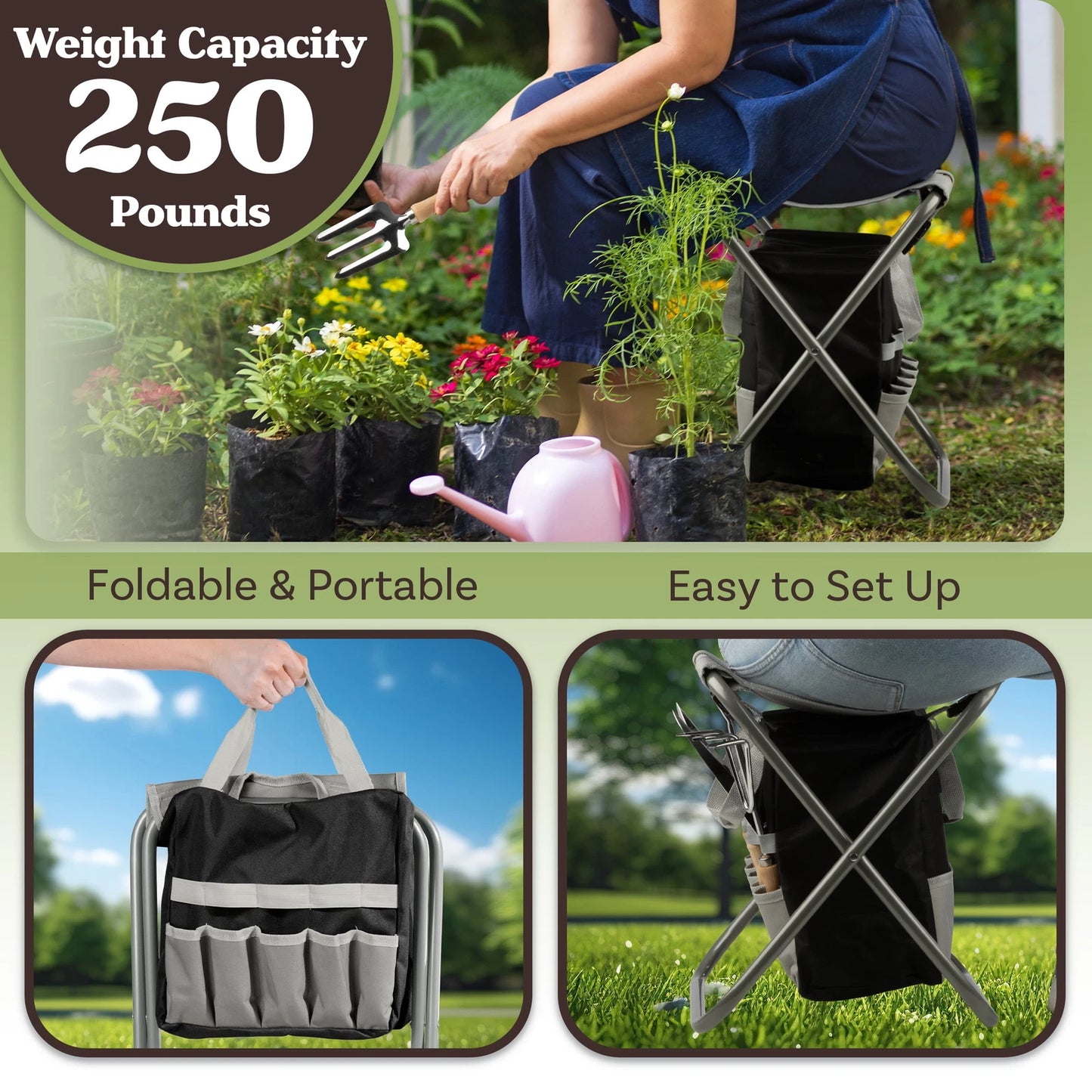 Gardening Tool Set, Garden Stool, and Carry Bag, Gray