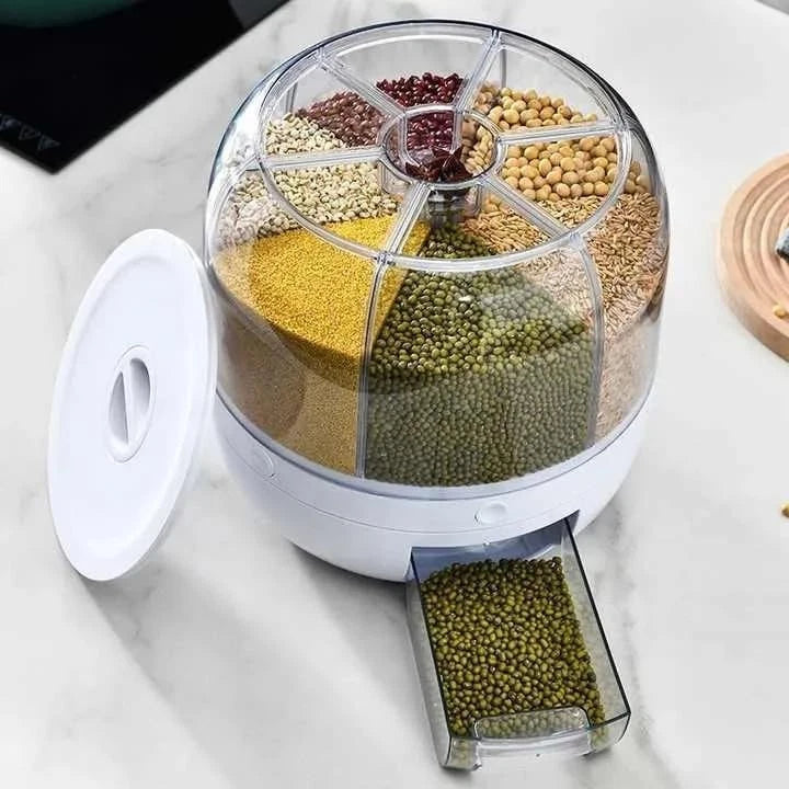 6-Grid Rotating Rice Dispenser Dry Grain Food Storage Container Tank for Kitchen