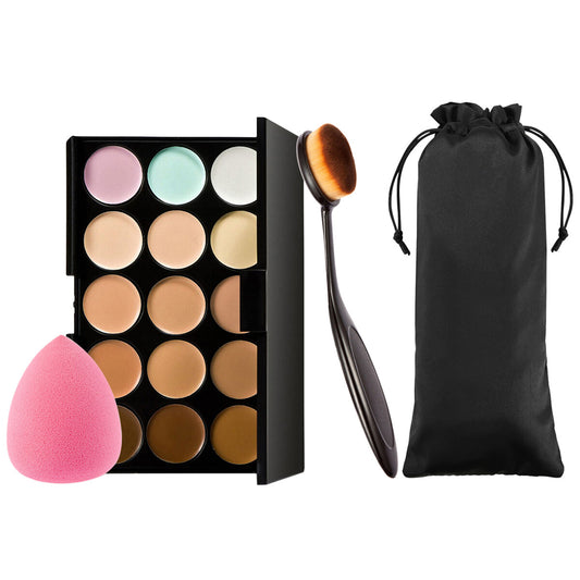 15 Color Face Concealer Highlighting Cream Contour Palette Sponge Puff Brush Set