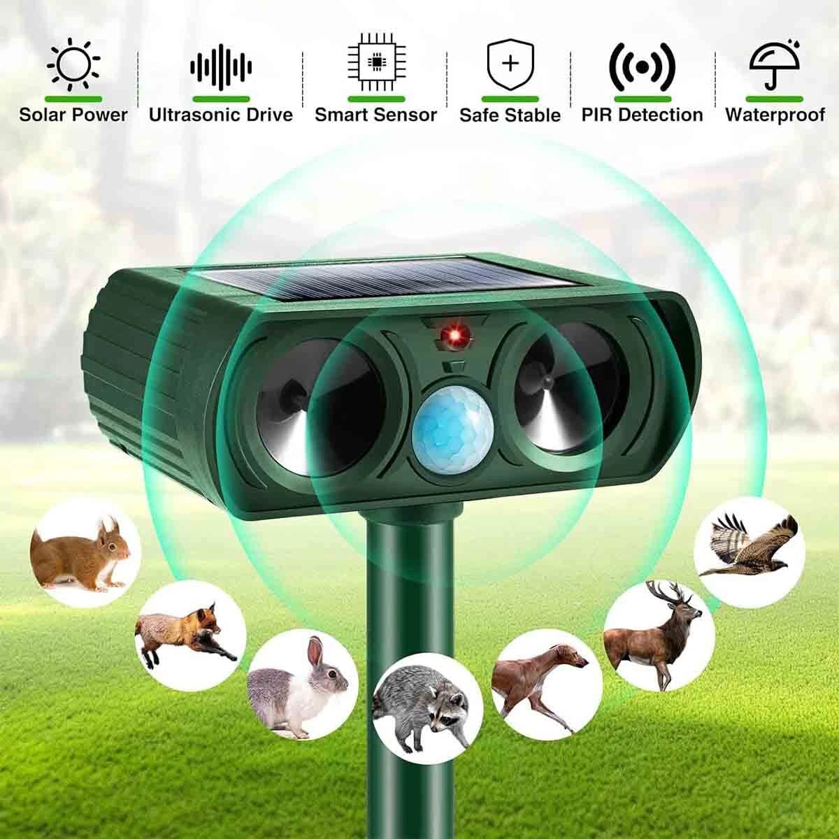 1-2 Pack Solar Ultrasonic Animal Repellent Dog Cat Skunk Deer Raccoon For Garden