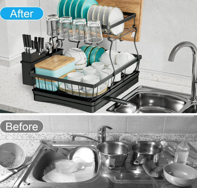 Two-Tier Removable Dish Rack with Drainage for Kitchen – Dish Drainer