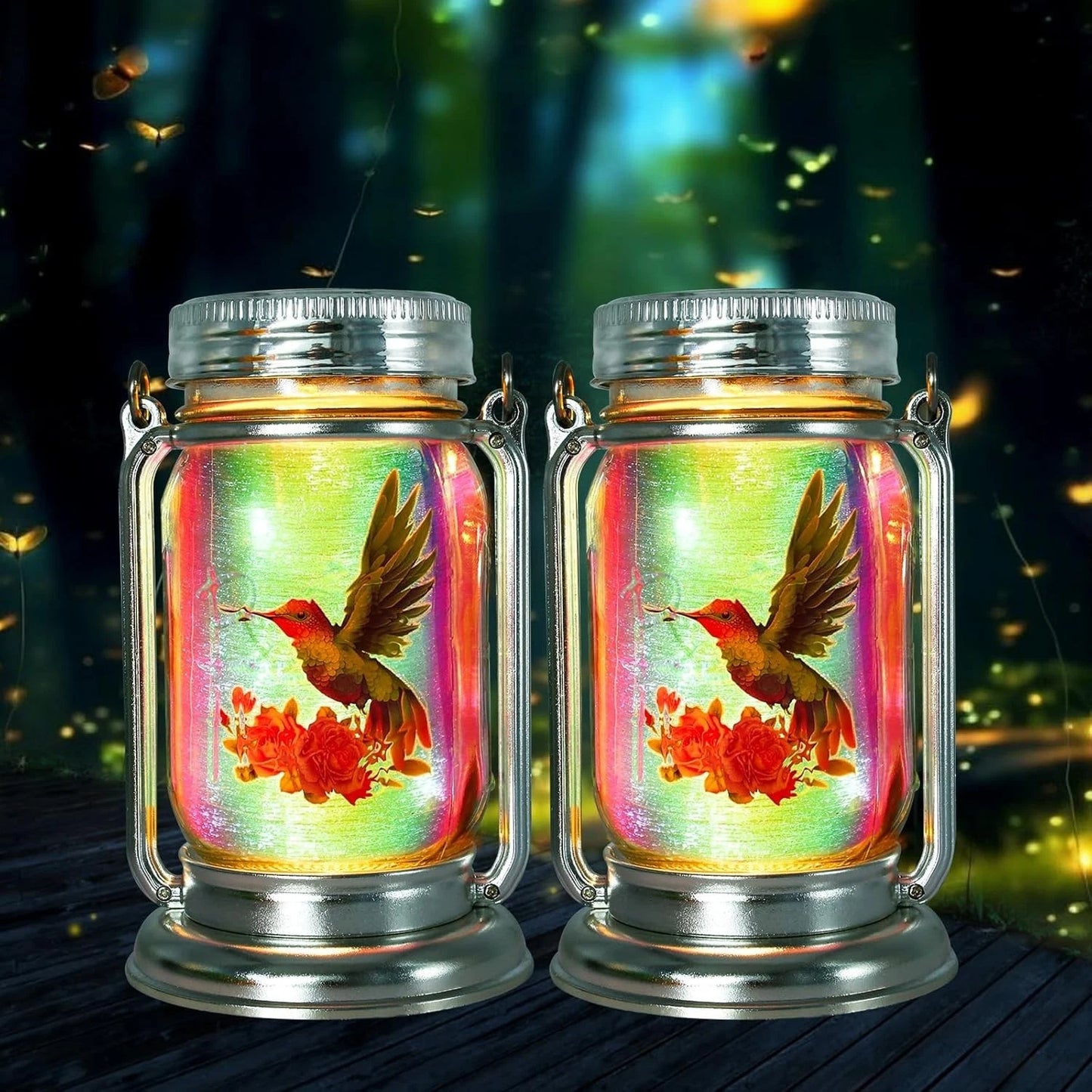 2 Pack Solar Hummingbird Lanterns - Adorable Garden Decor in Glass Jars