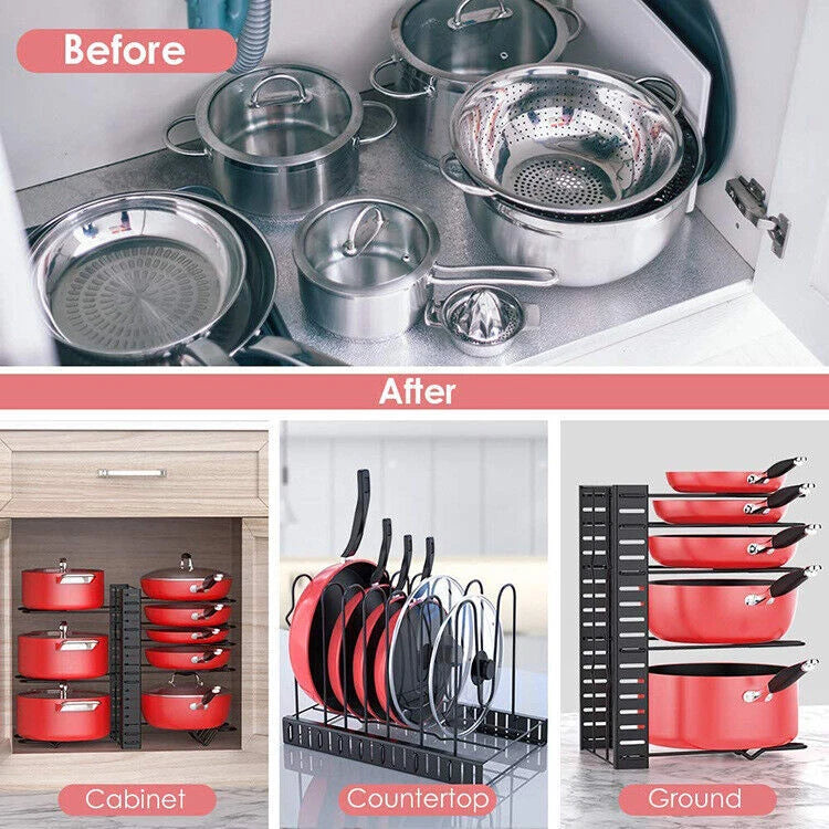 Adjustable 8-Tier Pots and Pans Organizer Rack Pots Holder for Kitchen Cabinet