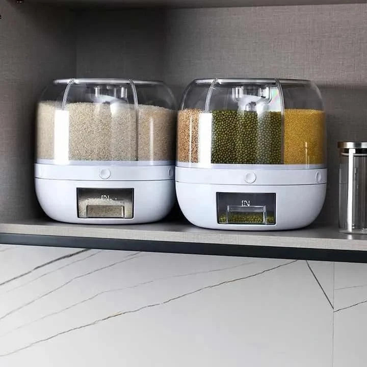 6-Grid Rotating Rice Dispenser Dry Grain Food Storage Container Tank for Kitchen