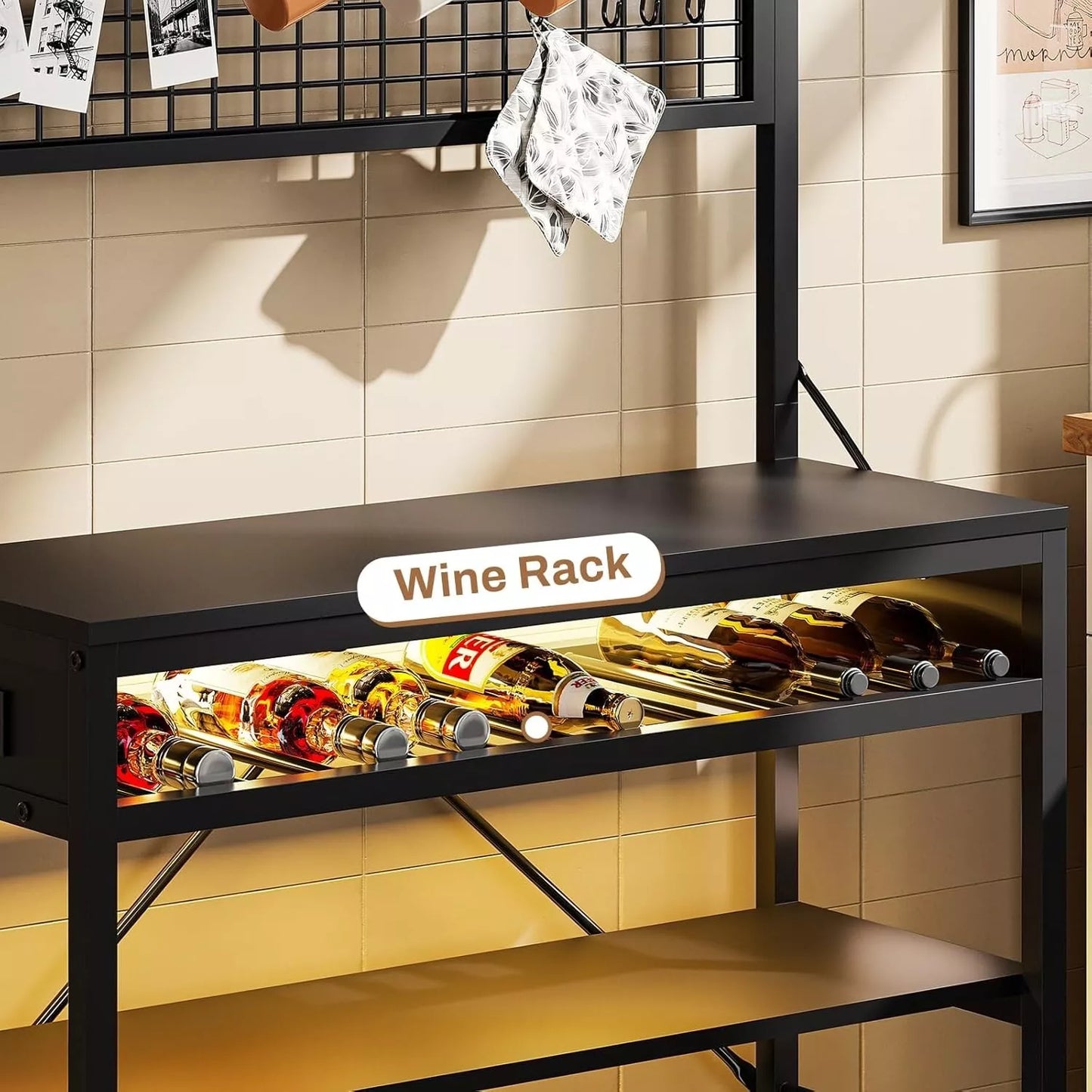 Bakers Rack with Power Outlet, 6-Tier Coffee Bar with Wine Rack and LED Lights