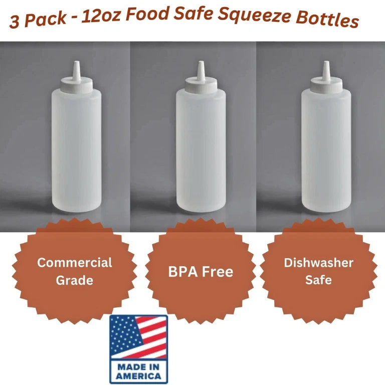 12 oz Clear Plastic Squeeze Bottle 3pk Condiment Dispenser Ketchup Mustard Sauce