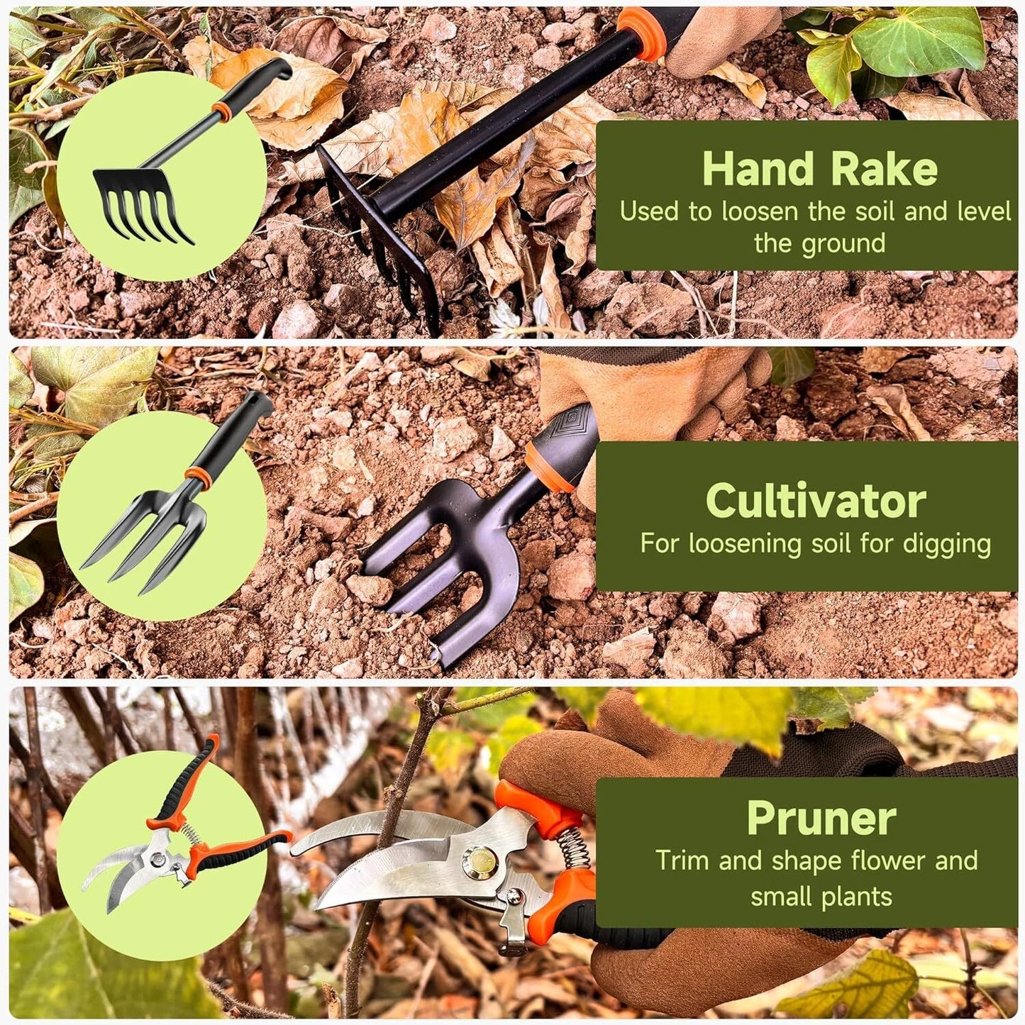 Garden Tool Set 10Pcs, Heavy Duty Gardening Tool Set, with Non-Slip Rubber Grip,