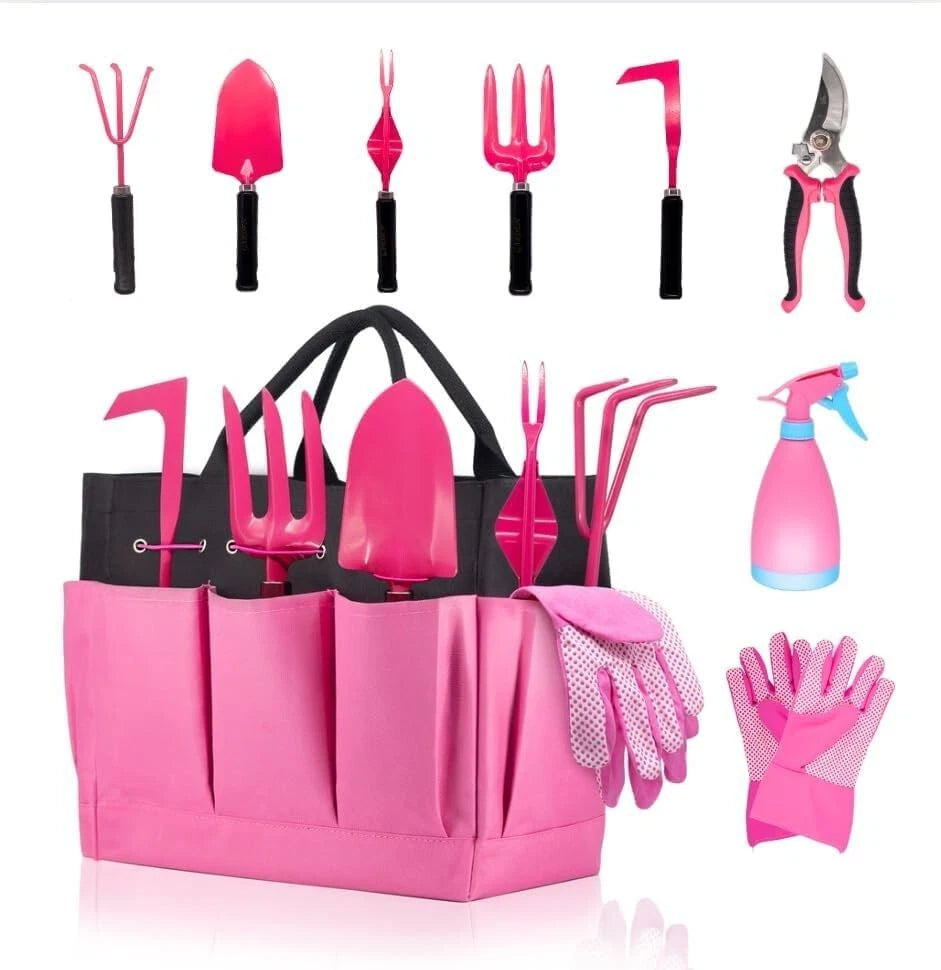 9-Piece Heavy Duty Gardening Tools Set - Stainless Steel with Stylish Tote Bag