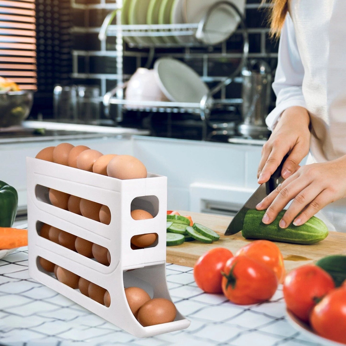 4-Tier Roll down Refrigerator Egg Dispenser Storage Rack Auto Rolling Egg Holder