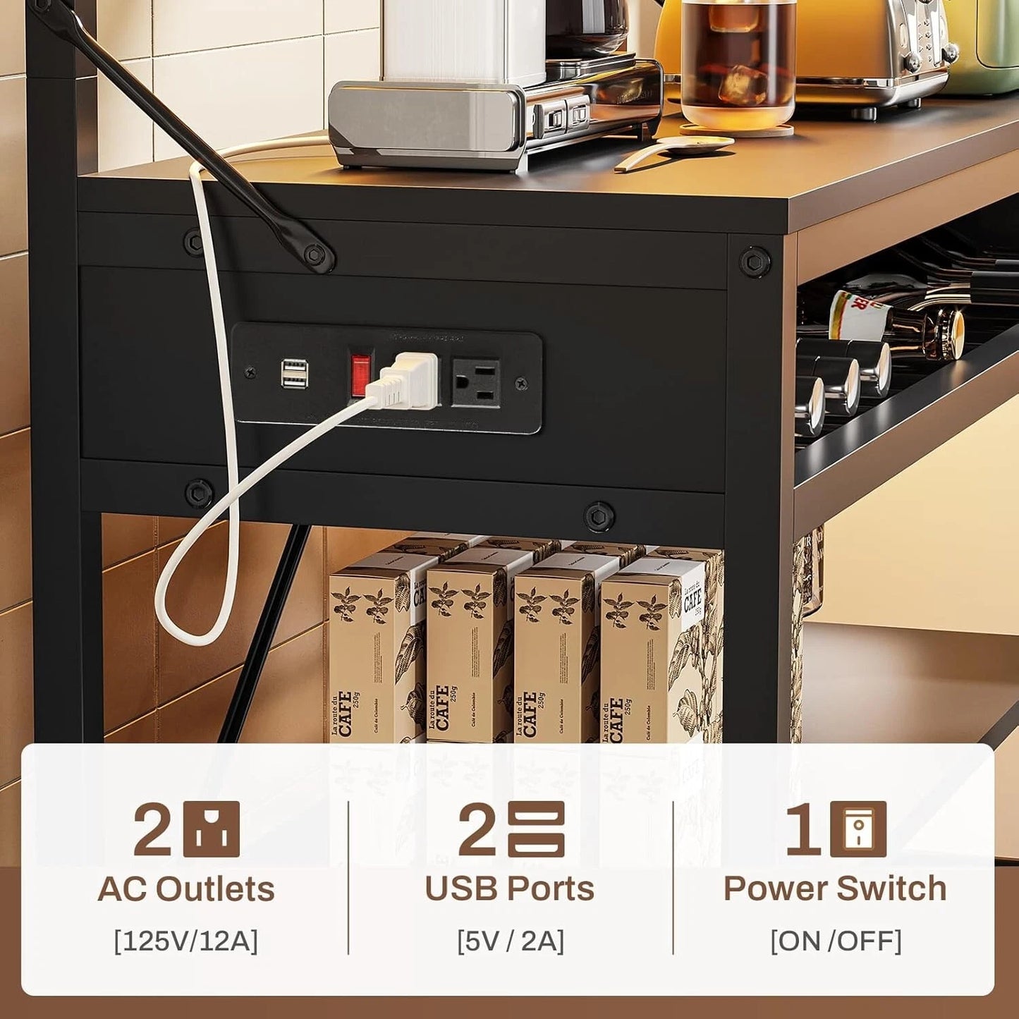 Bakers Rack with Power Outlet, 6-Tier Coffee Bar with Wine Rack and LED Lights