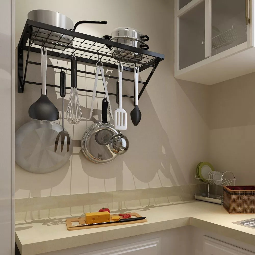 Black Metal Rectangular Wall Mounted Kitchen Pot Rack with 10 Hanging Hooks