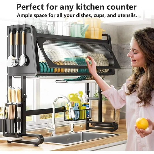 Over The Sink Dish Drying Rack 3 Tier Large Dish Rack Metal For Kitchen with Lid