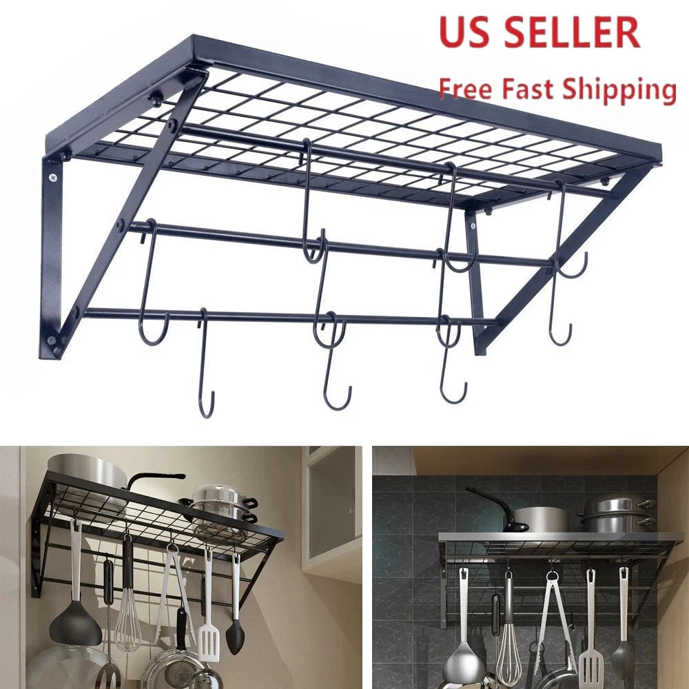 Pot Rack Wall Mounted 24 in Pot and Pan Hanging Rack&10 S Hooks 44 lbs Black US