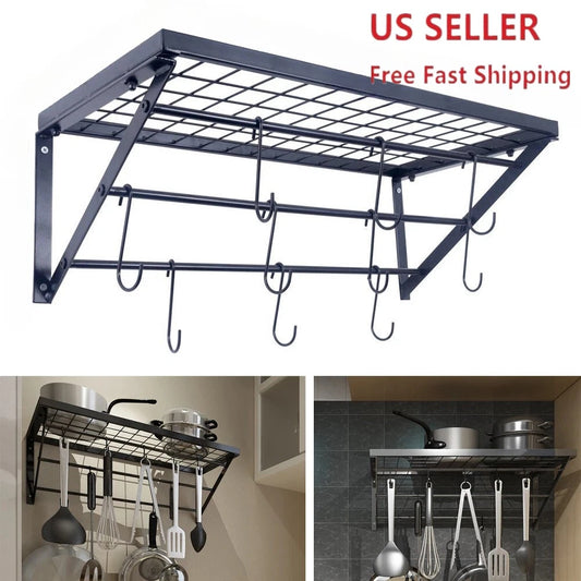 Pot Rack Wall Mounted 24 in Pot and Pan Hanging Rack&10 S Hooks 44 lbs Black US