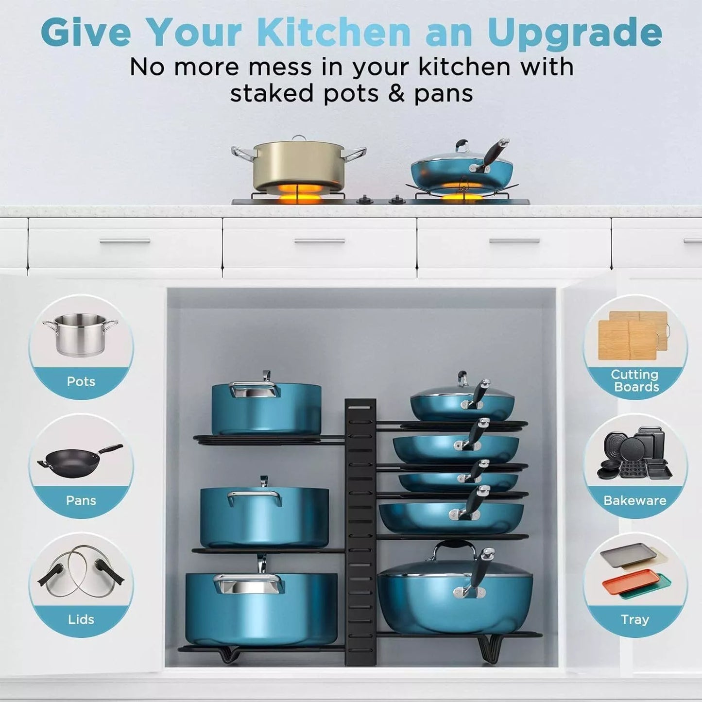Adjustable 8-Tier Pots and Pans Organizer Rack Pots Holder for Kitchen Cabinet