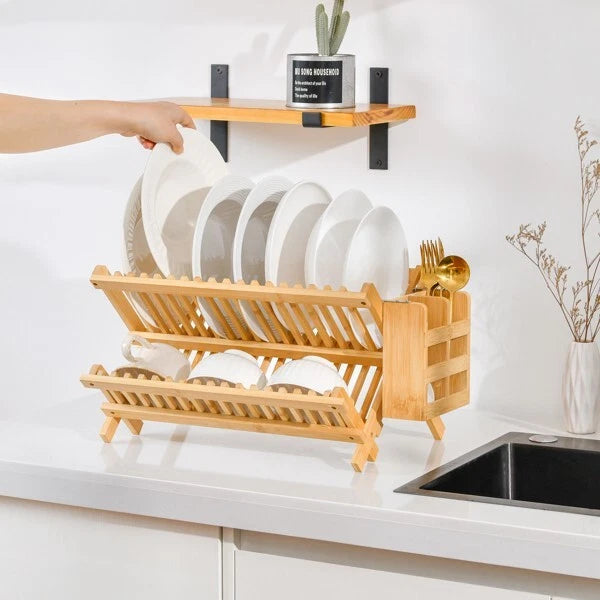 Wooden Dish Drying Rack Collapsible Compact Dish Rack Bamboo Dish Drainer