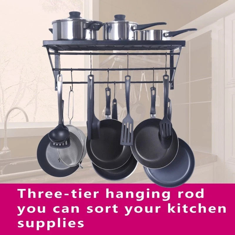 Pot Rack Wall Mounted 24 in Pot and Pan Hanging Rack&10 S Hooks 44 lbs Black US