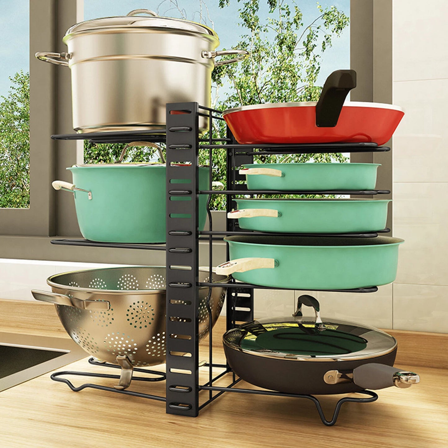 Adjustable 8-Tier Pots and Pans Organizer Rack Pots Holder for Kitchen Cabinet