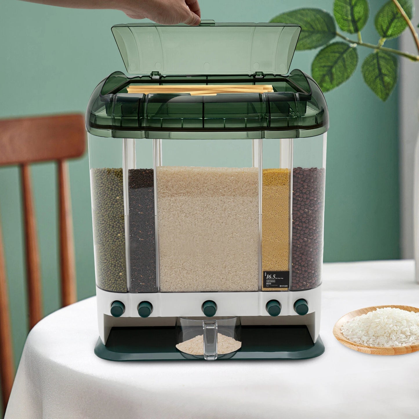 5-Grid Cereal Dispenser Grain Container Rice Storage Dry Food Box Organizer