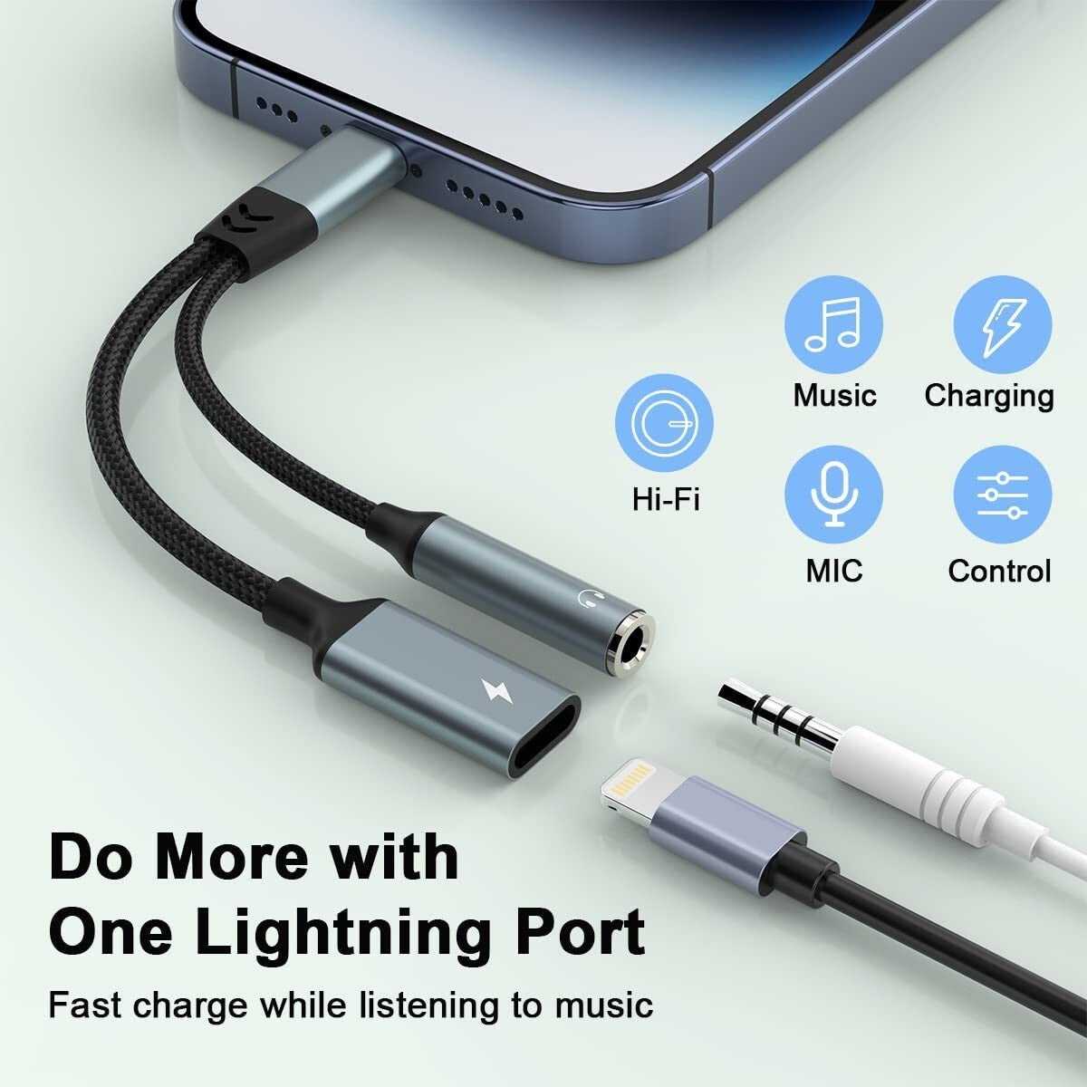 iPhone Headphone & Charger Adapter 2-in-1 to 3.5mm AUX Audio MFi-Certified