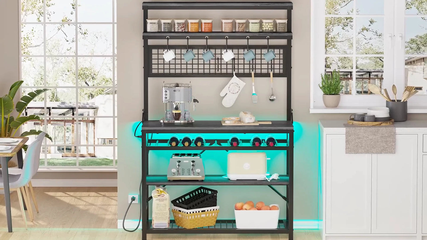 Bakers Rack with Power Outlet, 6-Tier Coffee Bar with Wine Rack and LED Lights