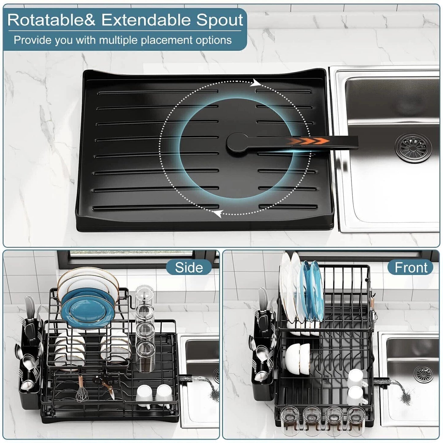 2 Tier Over The Sink Dish Drying Rack Stainless Steel Kitchen Dish Drainer Black