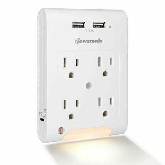 DEWENWILS Multi Plug Outlet Adapter 2 USB Charging Ports Light Sensor HOU402C