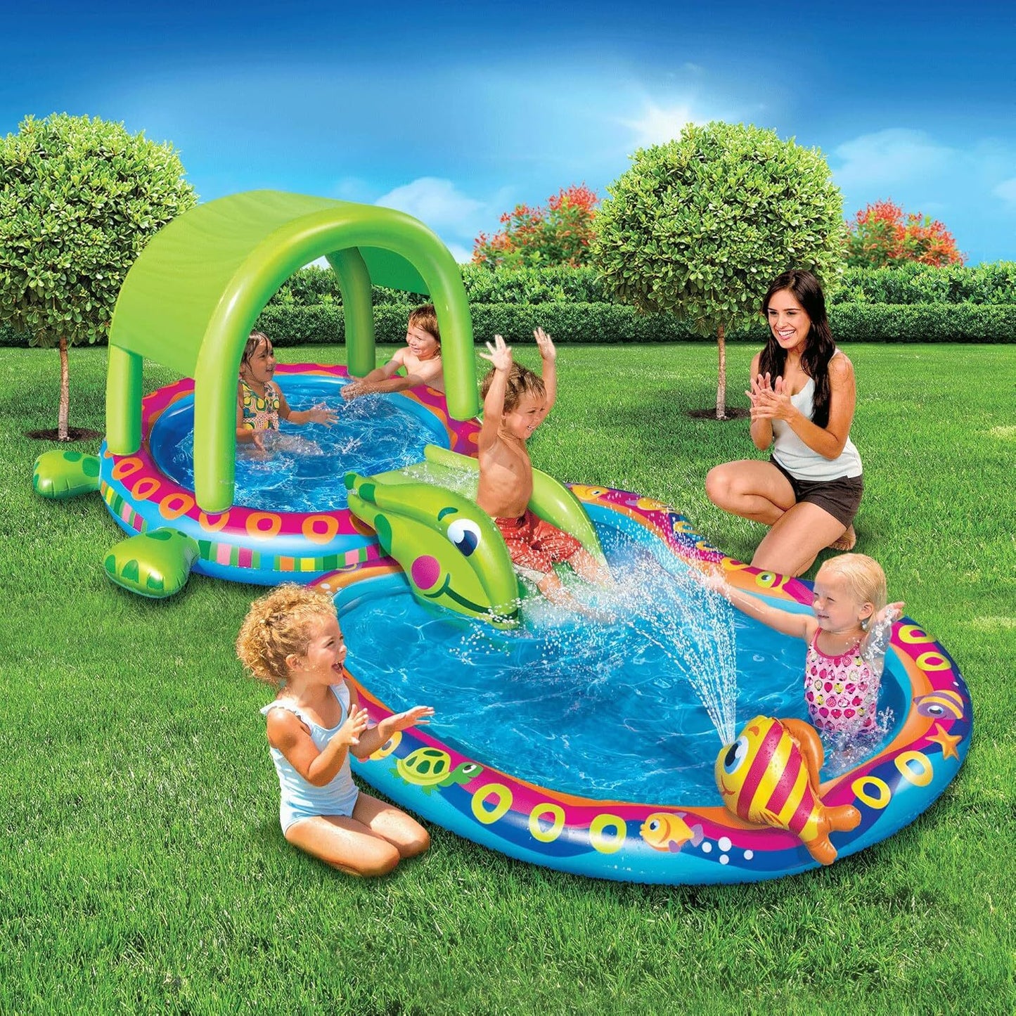 Shade 'N Slide Turtle Inflatable Outdoor Kiddie Splash Pool w Fish Sprinkler NEW
