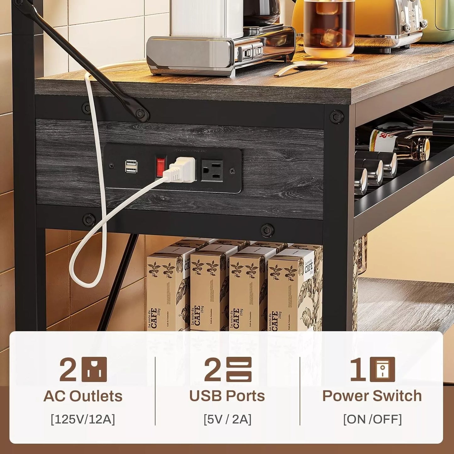 Bakers Rack with Power Outlet, 6-Tier Coffee Bar with Wine Rack and LED Lights