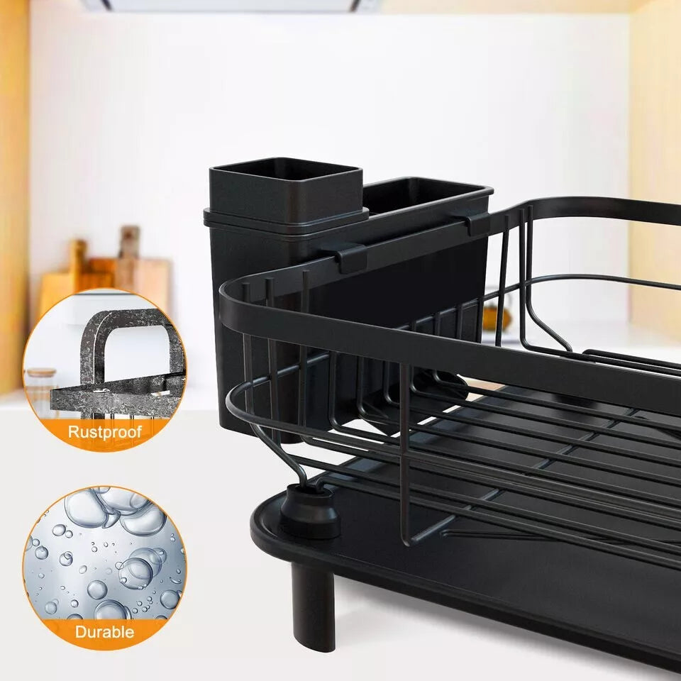 Stainless Steel Kitchen Dish Drying Rack w/ Utensil Holder & Drain Board Durable