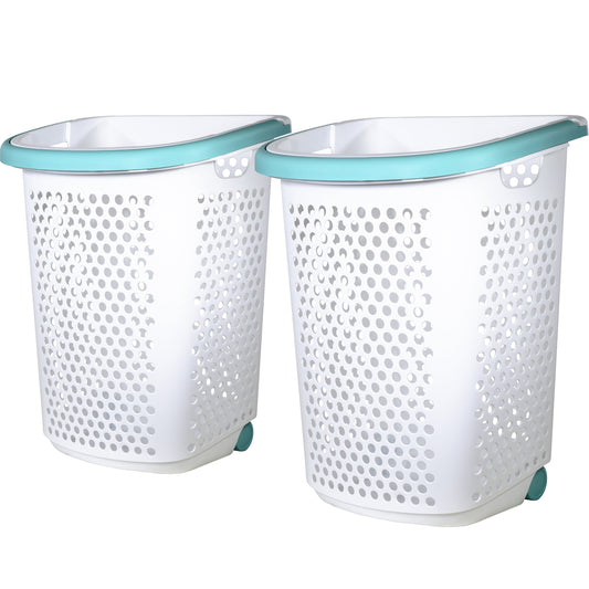 Home Logic 2 Bushel Rolling Plastic Laundry Hamper with Pop-up Handle,White,2 Pc
