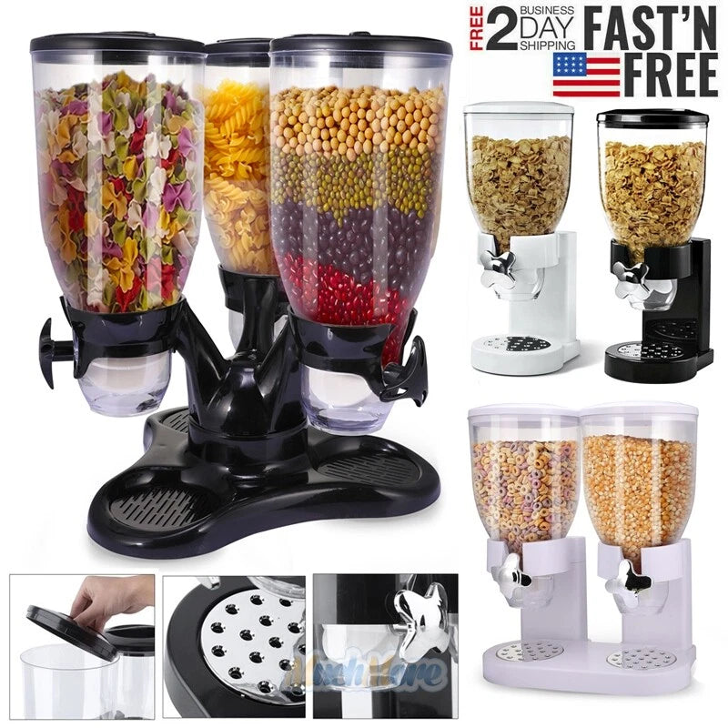 Large Cereal Dispenser Storage Triple Dry Food Snack Container Kitchen Canister