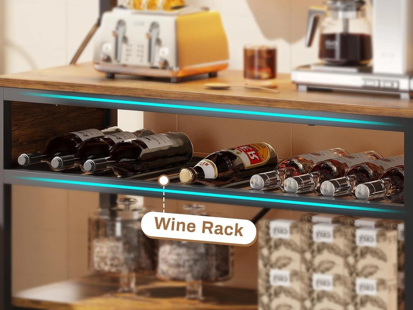 Bakers Rack with Power Outlet, 6-Tier Coffee Bar with Wine Rack and LED Lights