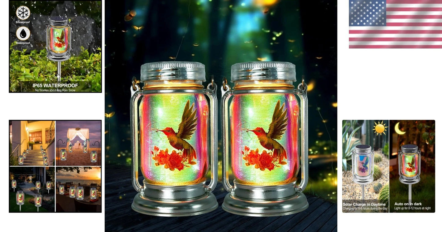 2 Pack Solar Hummingbird Lanterns - Adorable Garden Decor in Glass Jars