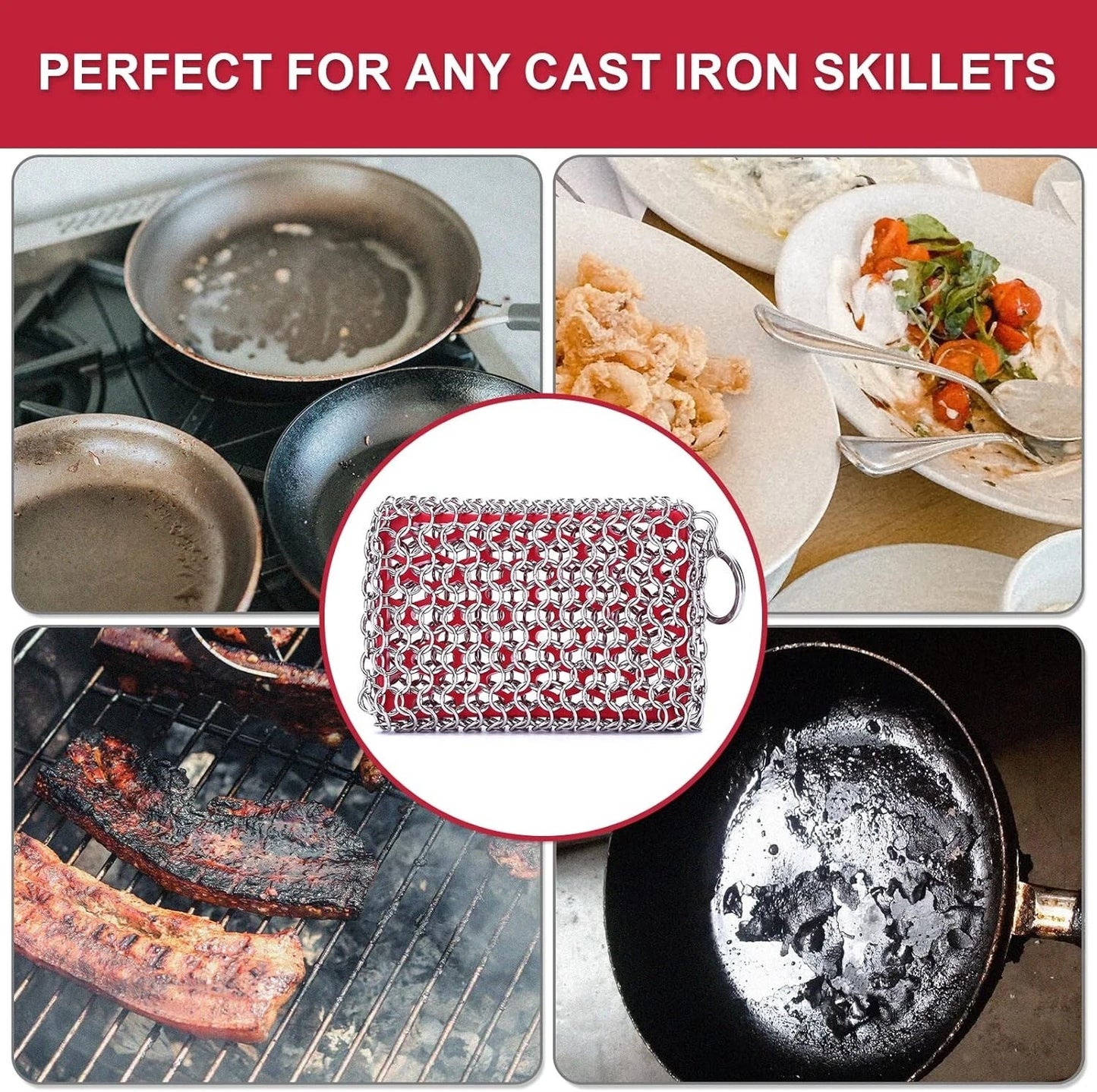 Cast Iron Scrubber, Chain Mail Scrubber with Silicone Insert, 316L Stainless Ste