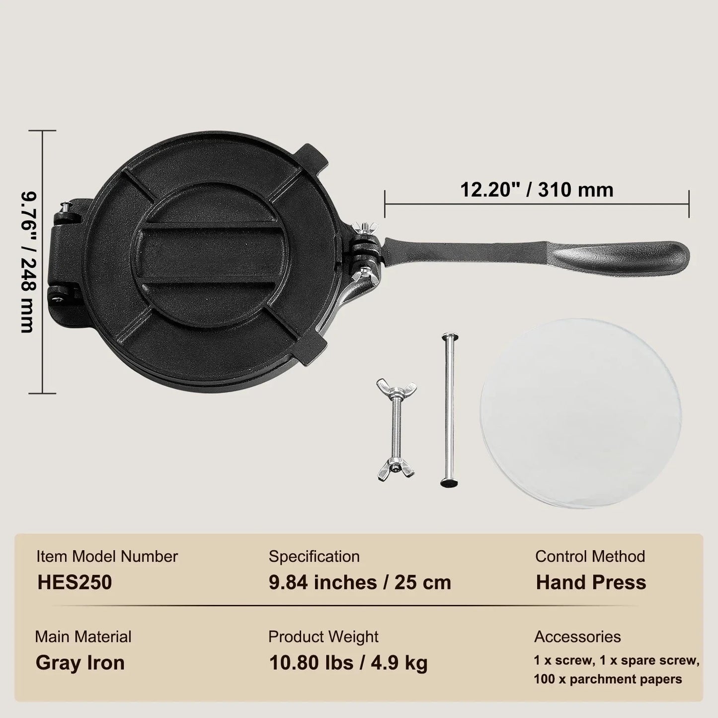 KFFKFF Tortilla Press, 10-Inch Cast Iron Roti & Tortilla Maker, with 100 Sheets