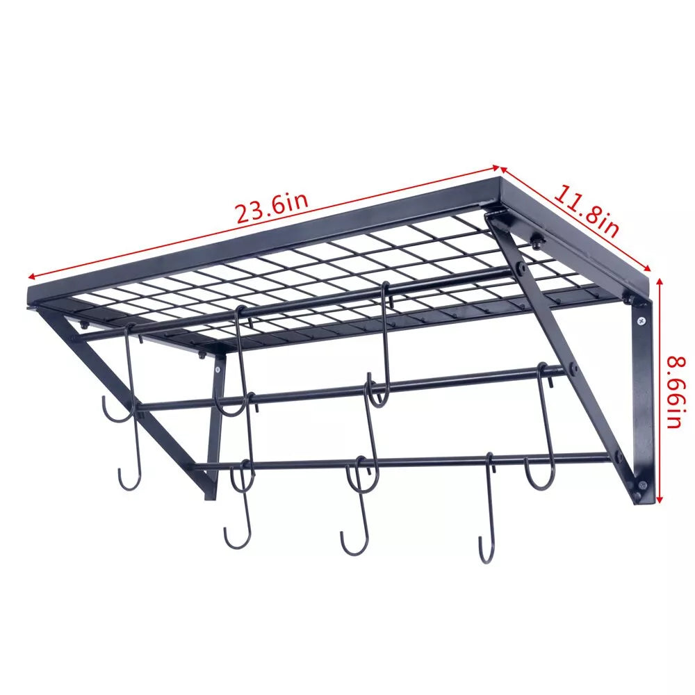 Black Metal Rectangular Wall Mounted Kitchen Pot Rack with 10 Hanging Hooks