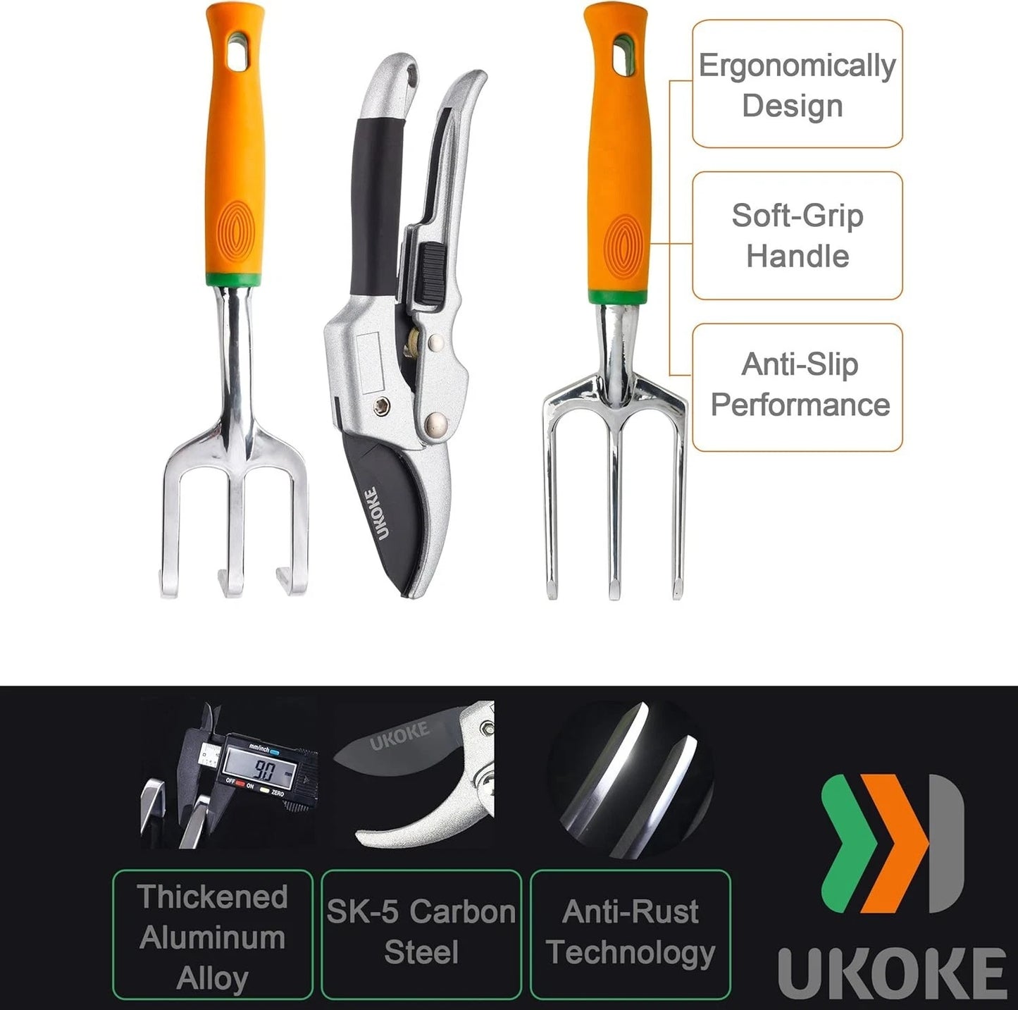 Ukoke 12 Piece Aluminum Garden Tools Set, Gardening Apron with Storage Pocket