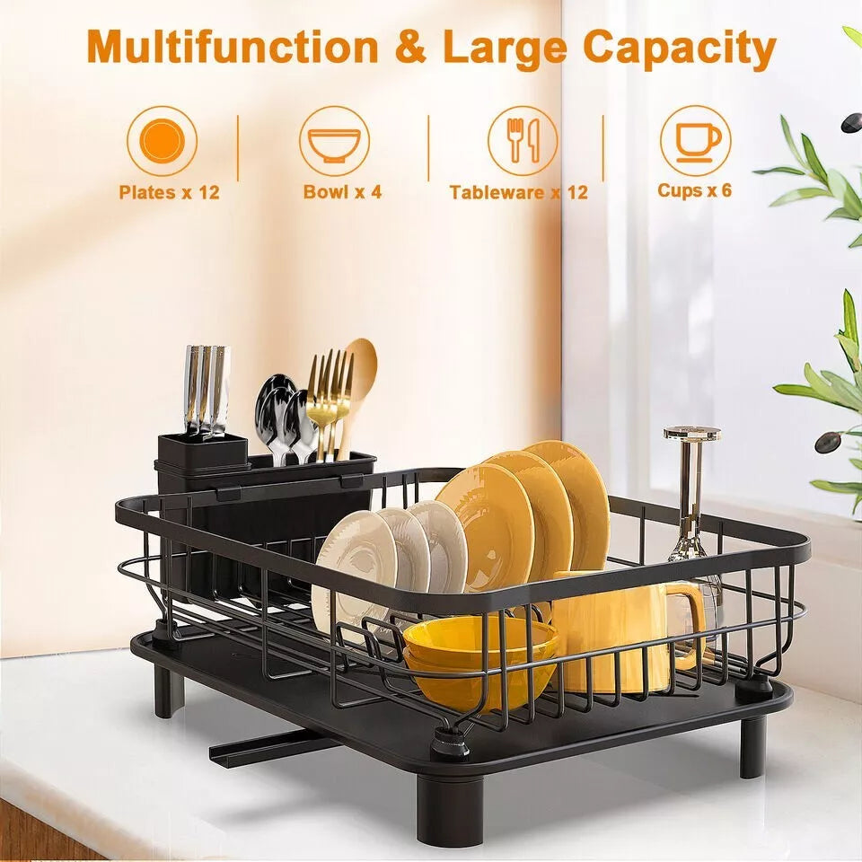 Stainless Steel Kitchen Dish Drying Rack w/ Utensil Holder & Drain Board Durable