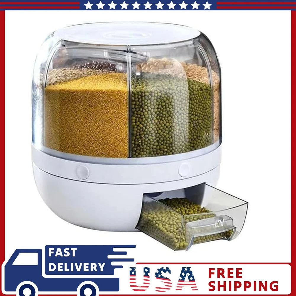 6-Grid Rotating Rice Dispenser Dry Grain Food Storage Container Tank for Kitchen