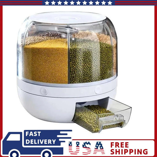 6-Grid Rotating Rice Dispenser Dry Grain Food Storage Container Tank for Kitchen