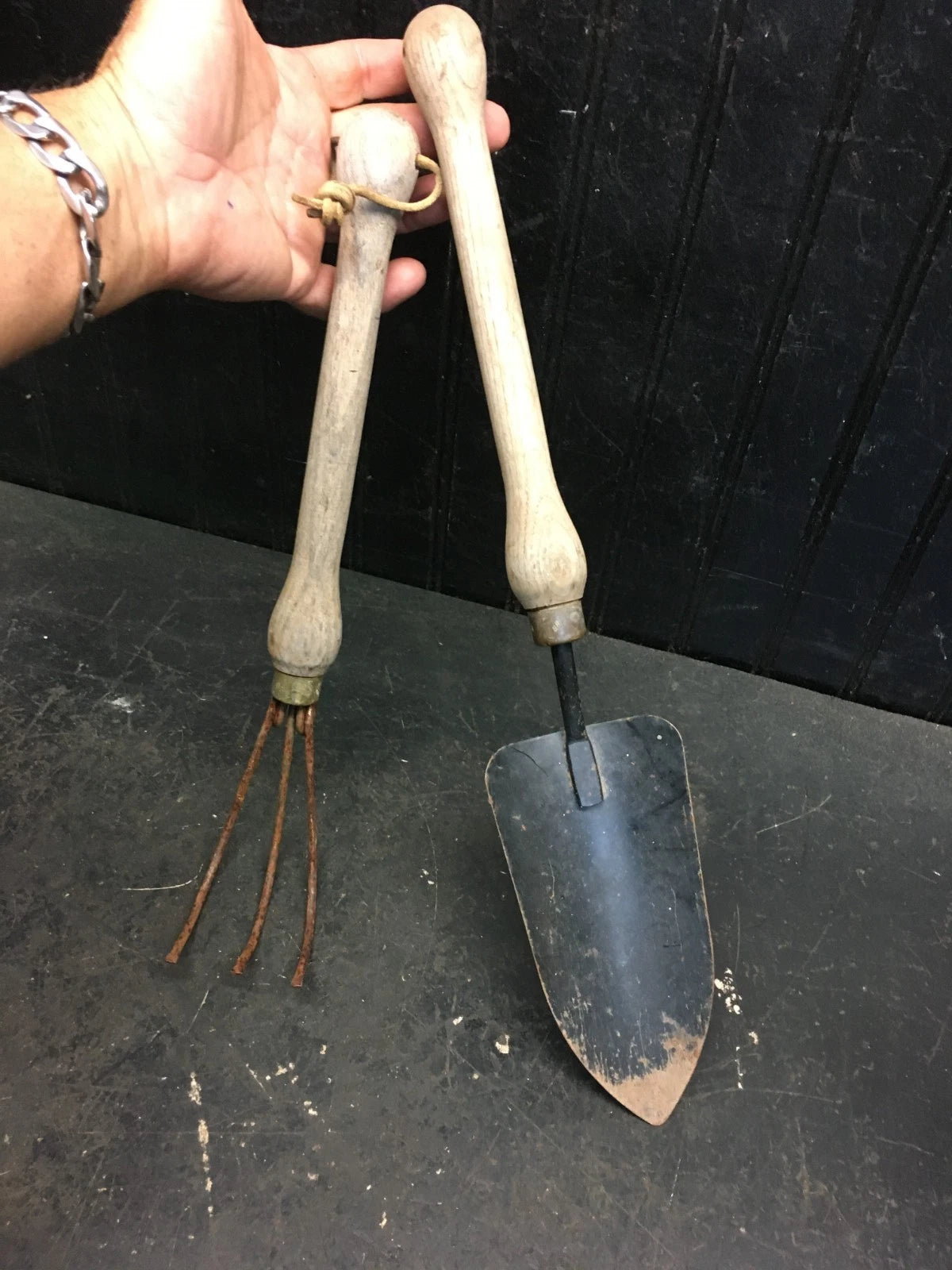 Vtg Pair - Garden Farm Tools -Wood Handle 3 Tine Prong Hand Rake & Hand Shovel